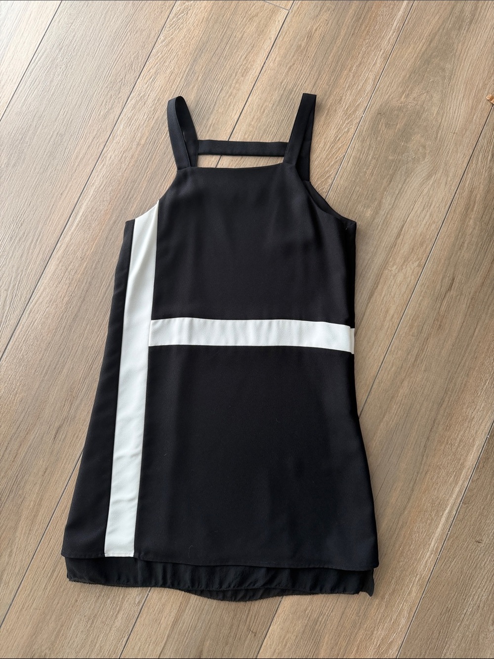 PARKER Black Sleeveless Silk Shift Dress with Asymmetrical White Stripes XS